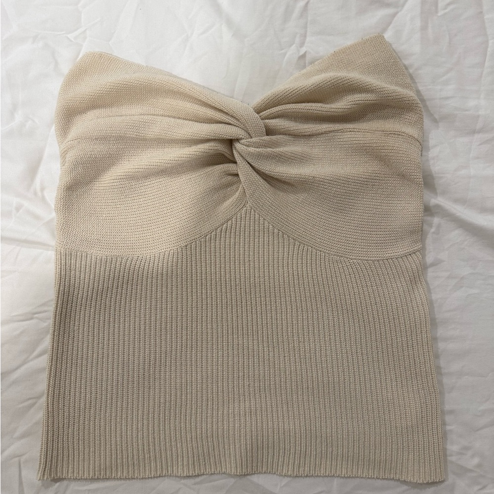 Beige Knitted Strapless Twist Top